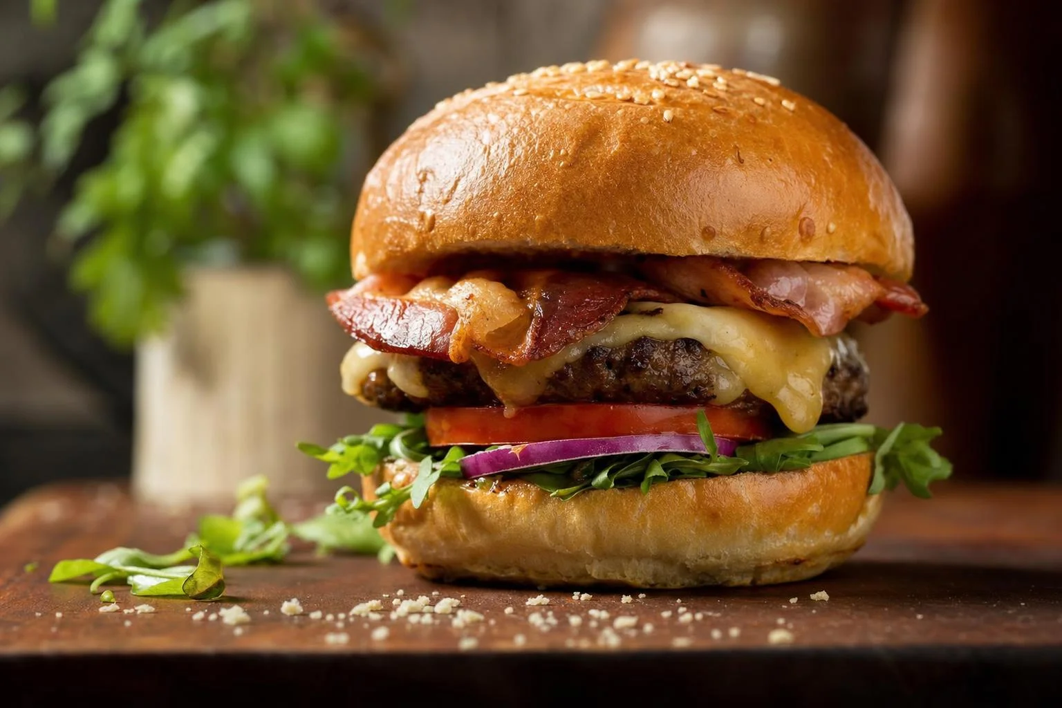 Svježe pečeno domaće pecivo za burger na drvenoj dasci, prerezano na pola