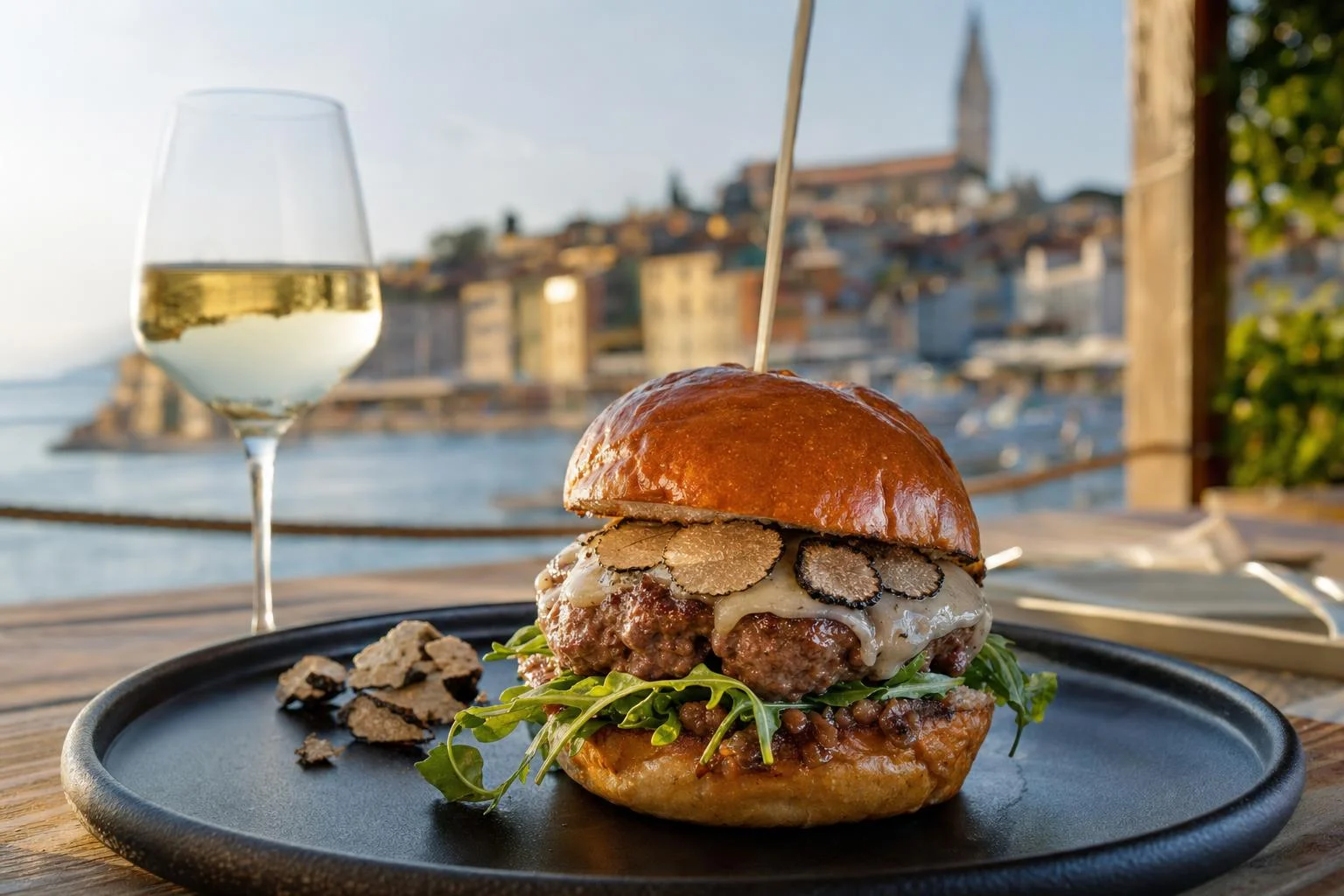 Burger s tartufima i naribanim crnim tartufom na drvenoj podlozi, restoranska terasa u pozadini