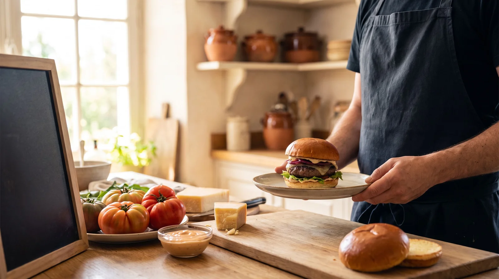 Sočni burger od premium govedine s domaćim pecivom poslužen na drvenoj dasci na terasi restorana